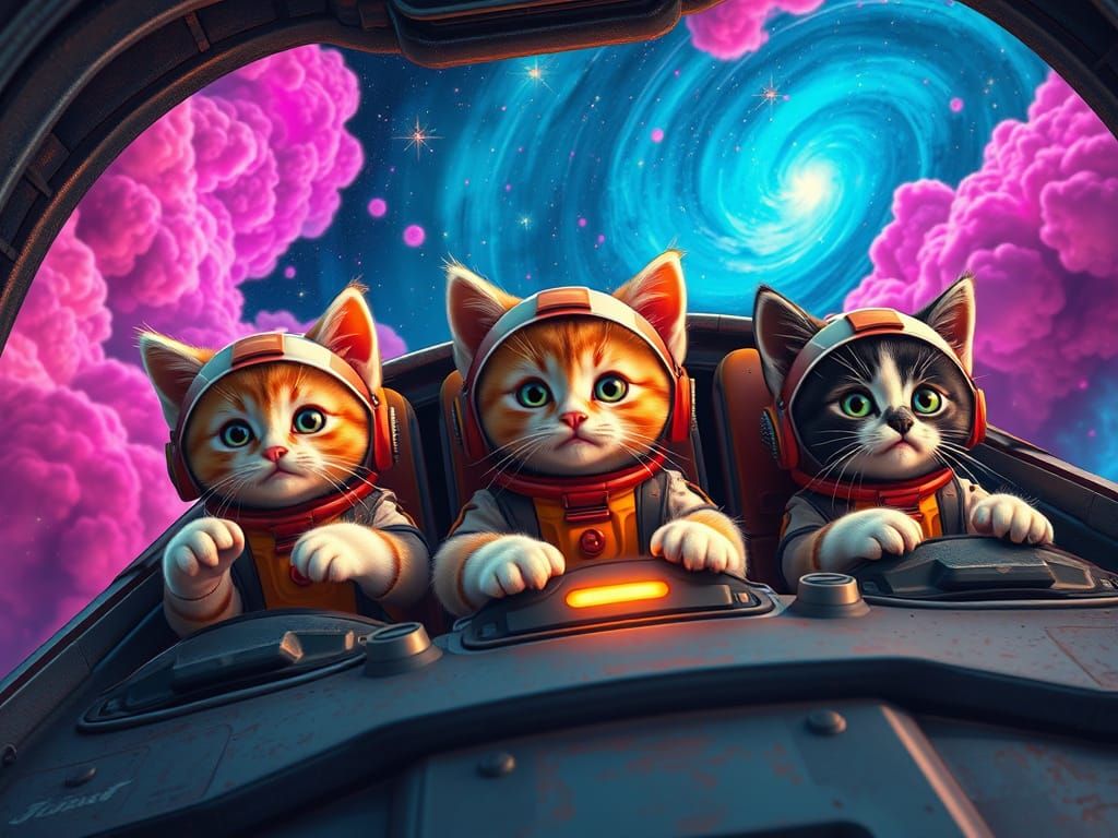 Whimsical Space Kittens in a Worn, Rusted Spaceship Cockpit