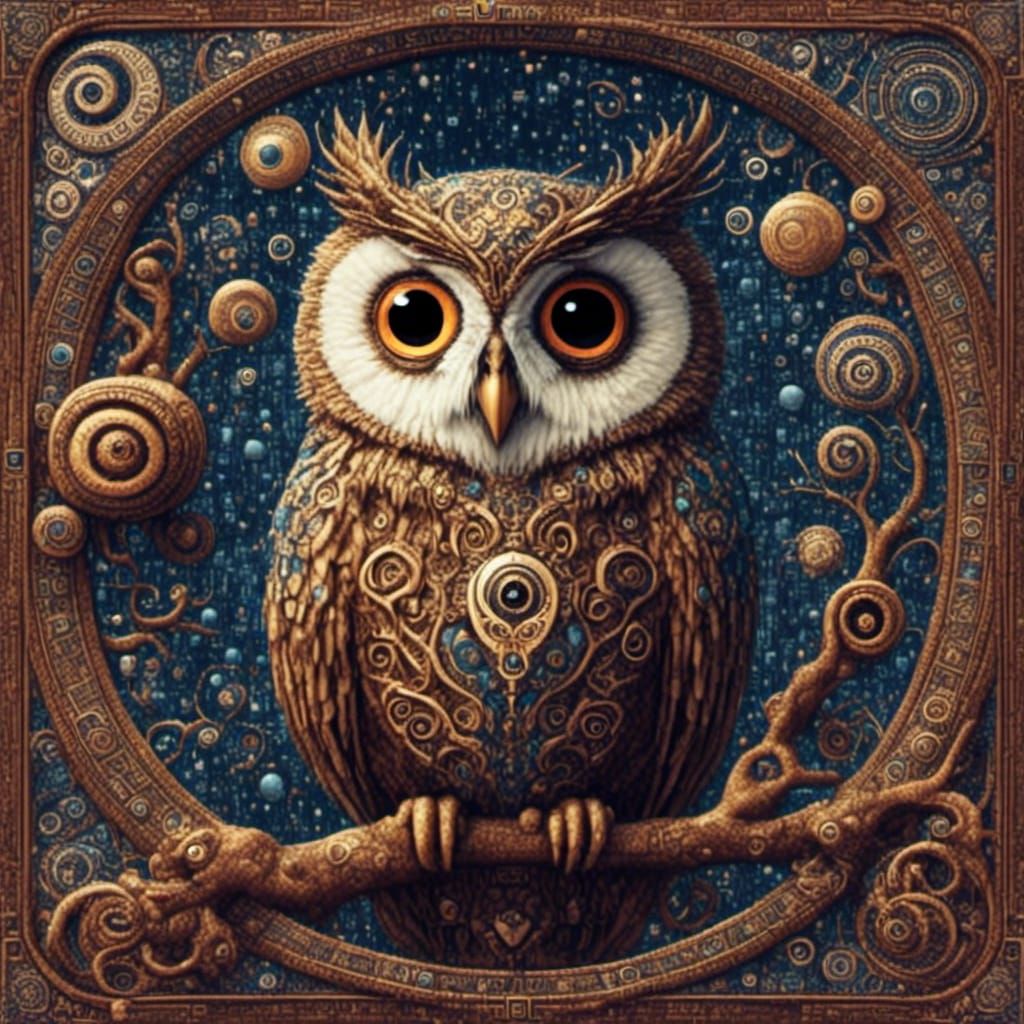Surreal Pixel Art Owl with Whirling Eyes