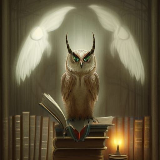 Sinister Unicorn Owl in Library, Dark Art
