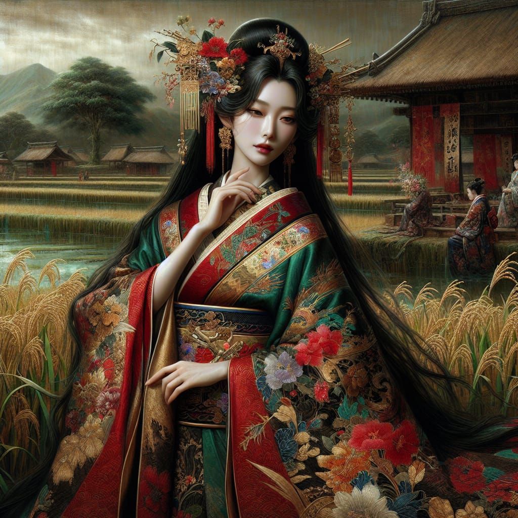 Elegant Goddess of Japanese Rice Fields in Traditional Kimon...