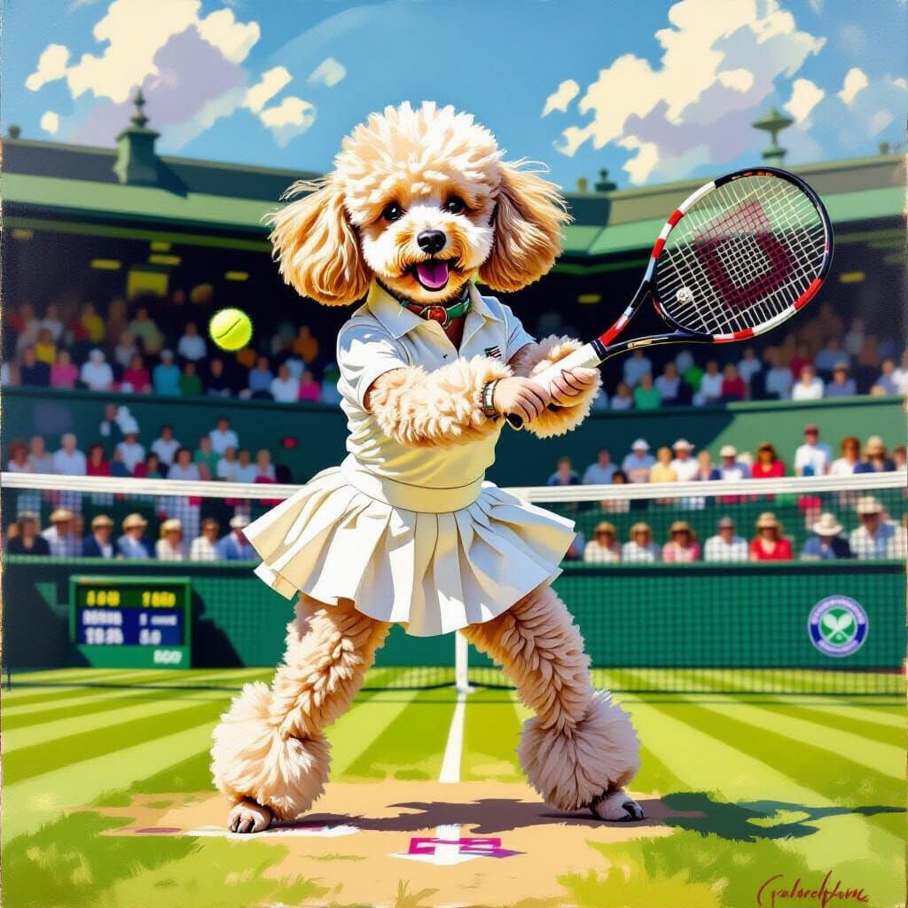 Poodle Plays Tennis at Wimbledon in Oil on Canvas
