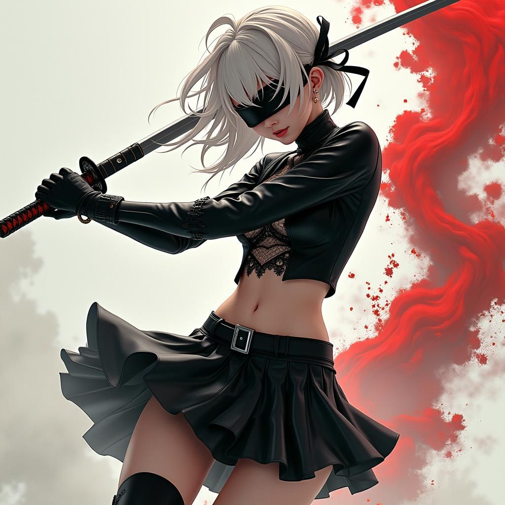 2B Katana Action Painting in Anime Style