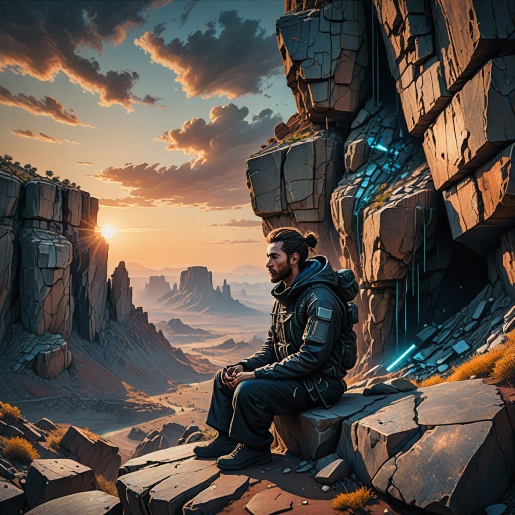 HDR Image: Stone and Cyberpunk Figure Meditating