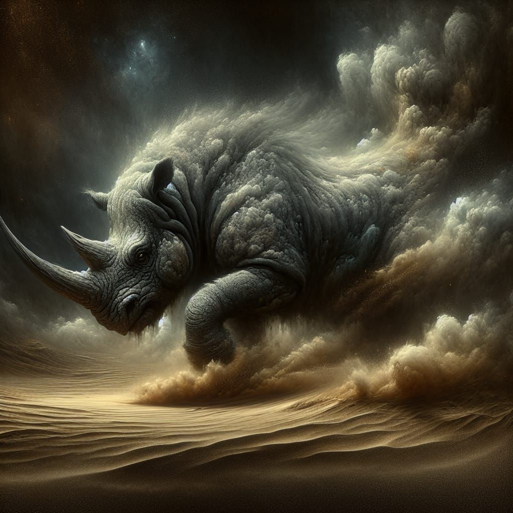 Magical Rhinoceros Emerges from Desert Sandstorm