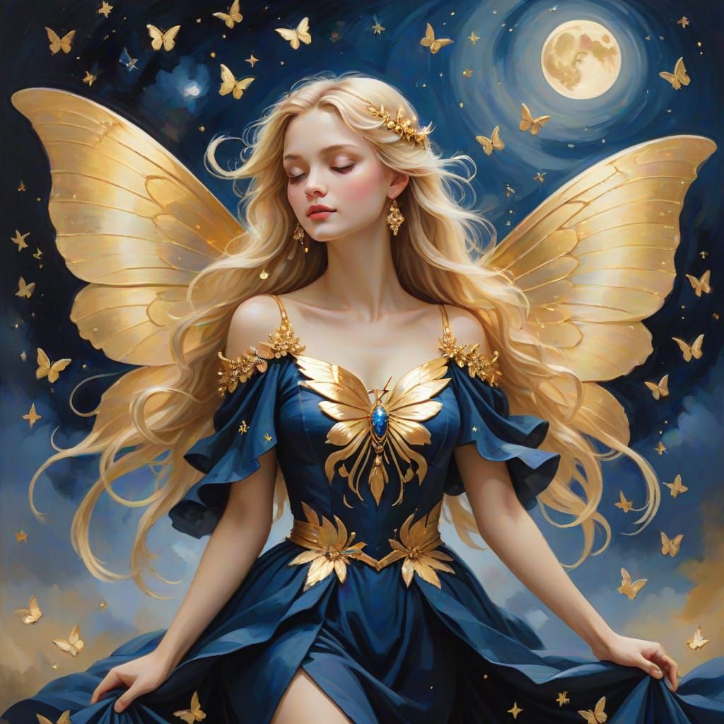 Woman With Golden Butterfly Wings in Ethereal Moonlight