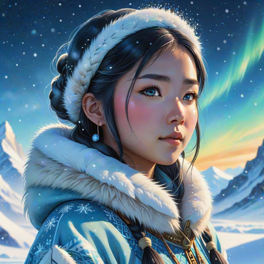 Ethereal Inuit Goddess in Vibrant Oil Painting