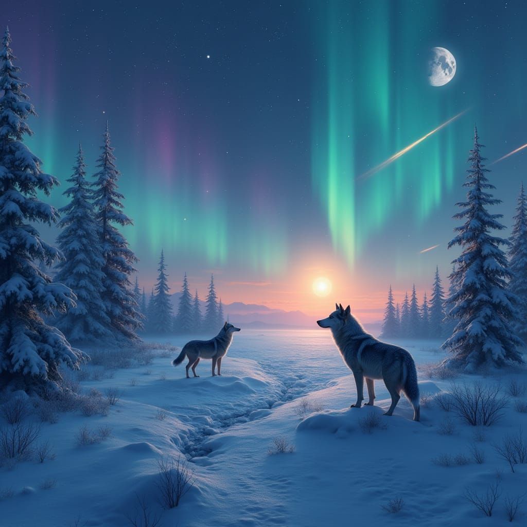 Arctic Wolves Under Northern Lights in Digital Art