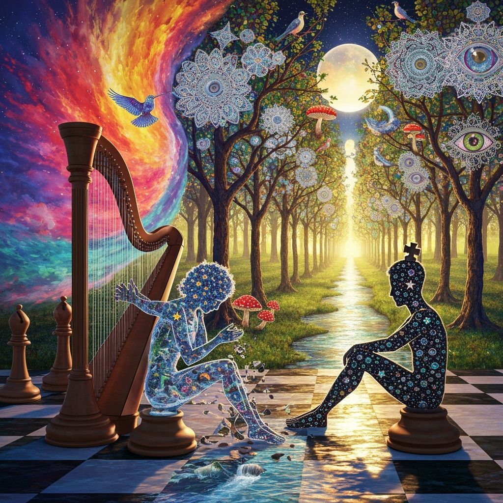 Surreal Harpist and Chess Figures in Astral Forest Glade