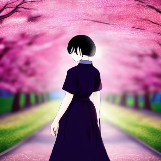 Japanese Woman Under Cherry Blossom Tree in Anime Style
