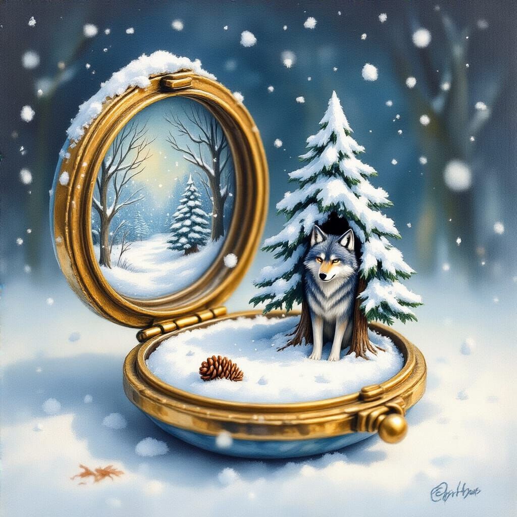 Miniature Winter World Inside Locket, Gouache Watercolor