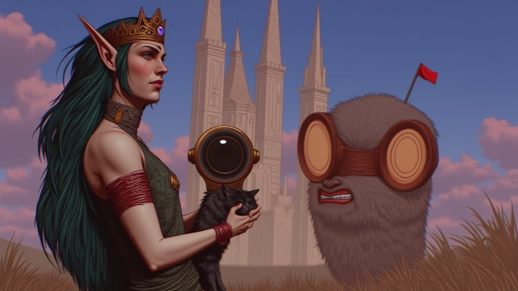 Elf Princess, Cat, Castle & Ghost in Whimsical Storybook Sty...