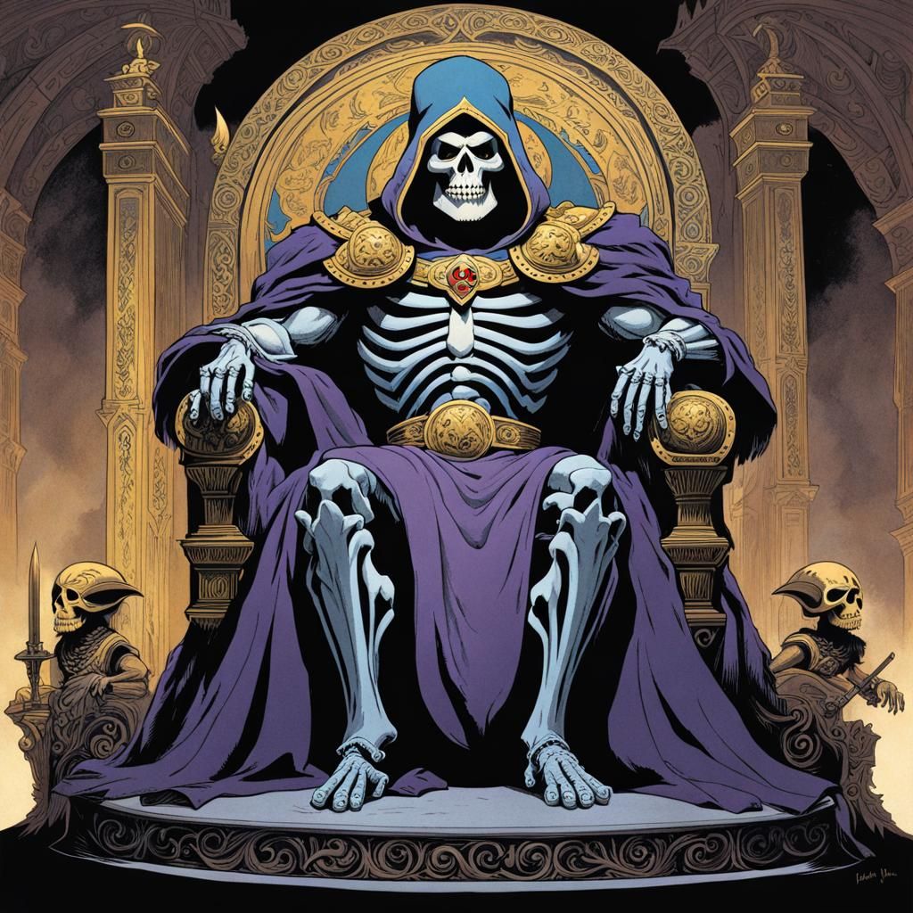Skeletor on His Throne in a Classic Illustration Style
