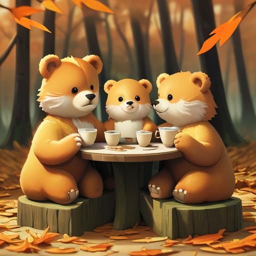 Cozy Bear Family in Autumn Woodland Illustration