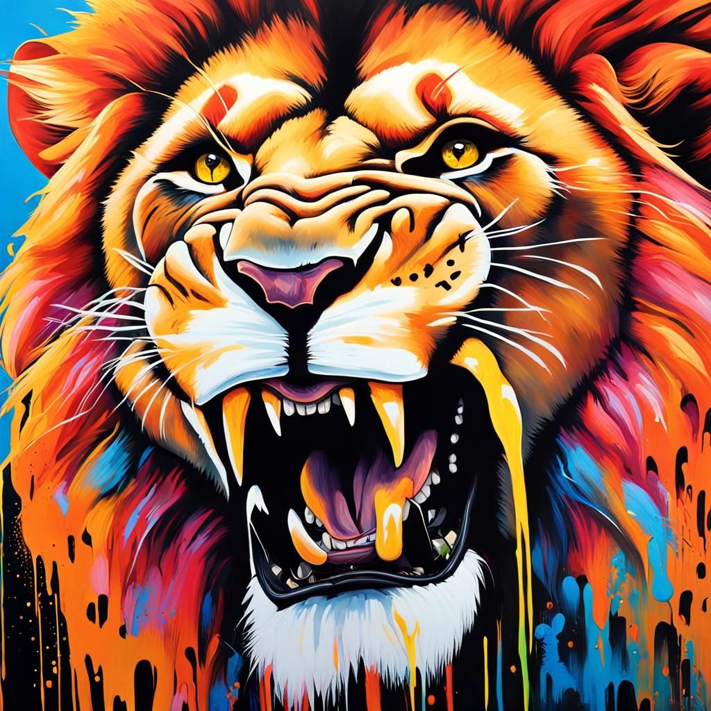 Vibrant Neon Lion Roaring in Graffiti Art Style