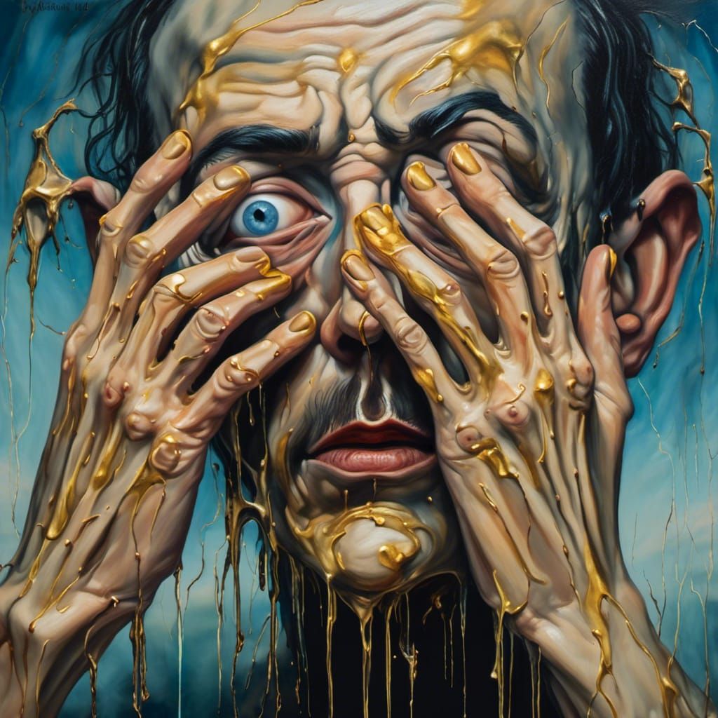 Unsettling Surreal Man Peering Through Fingers