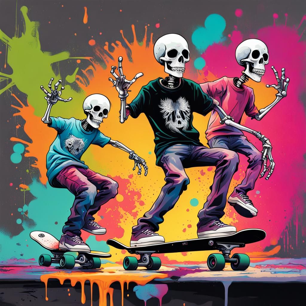 A radical skateboarder doing radical tricks while being watched by two laughing skeletons, wild and crazy action