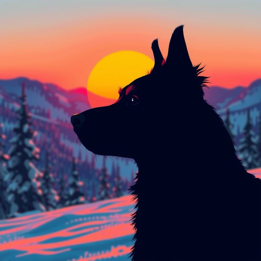 Colorful Sunset Silhouette of Swiss Mountain Dog