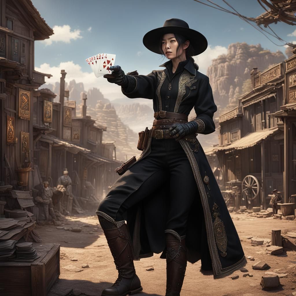 Female Korean sharpshooter dressed in all black with pants, aims at playing cards in the Old West. detailed matte painti...