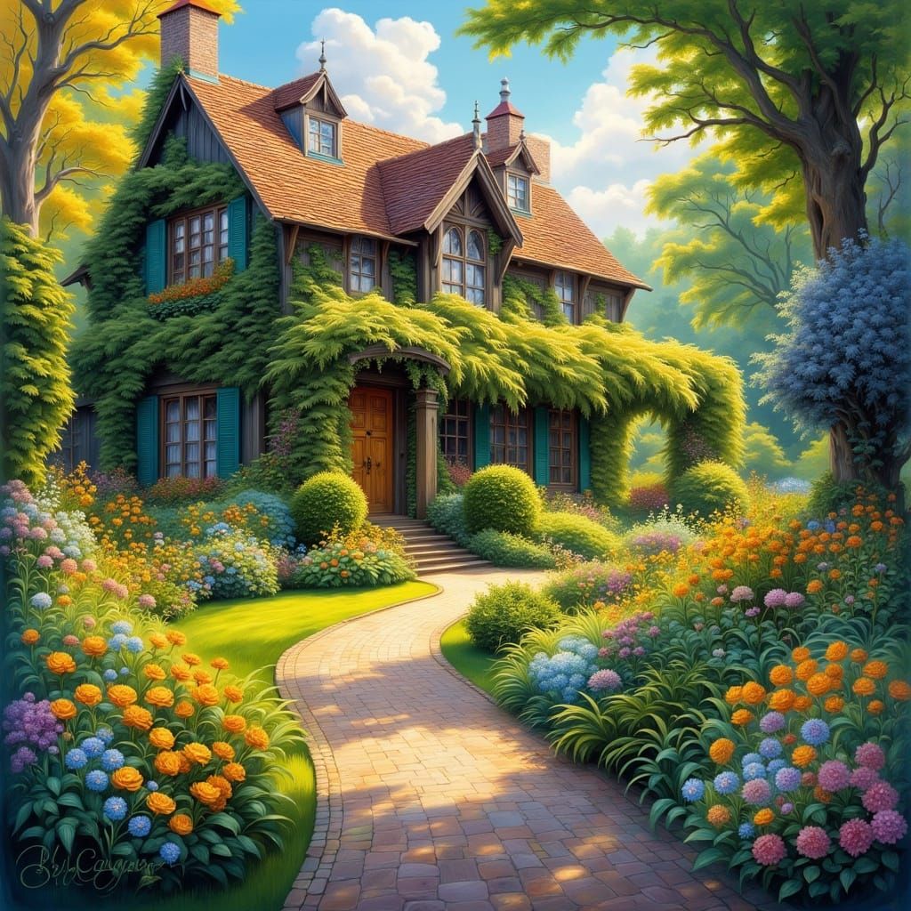Charming House with Yellow Flowers, Impressionist Style