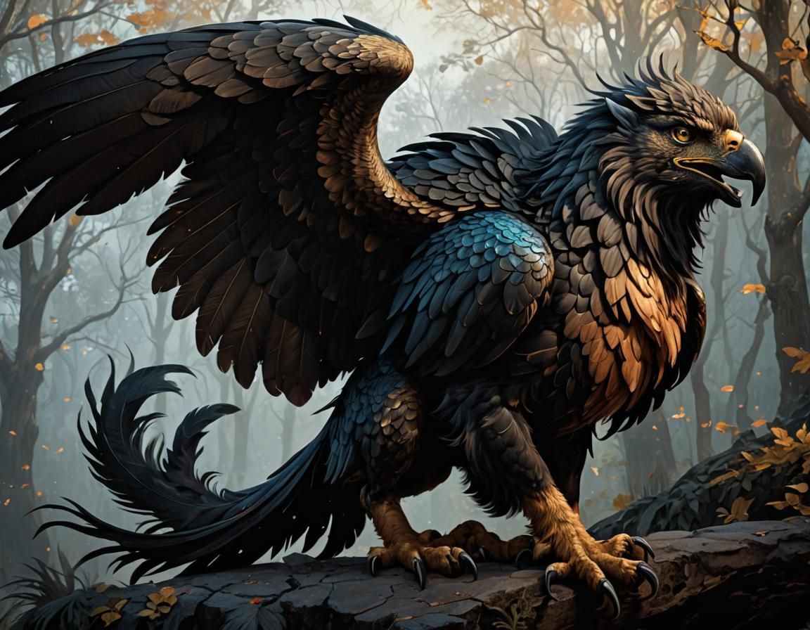 Vicious Gryphon with Black Feathers in Dark Fantasy