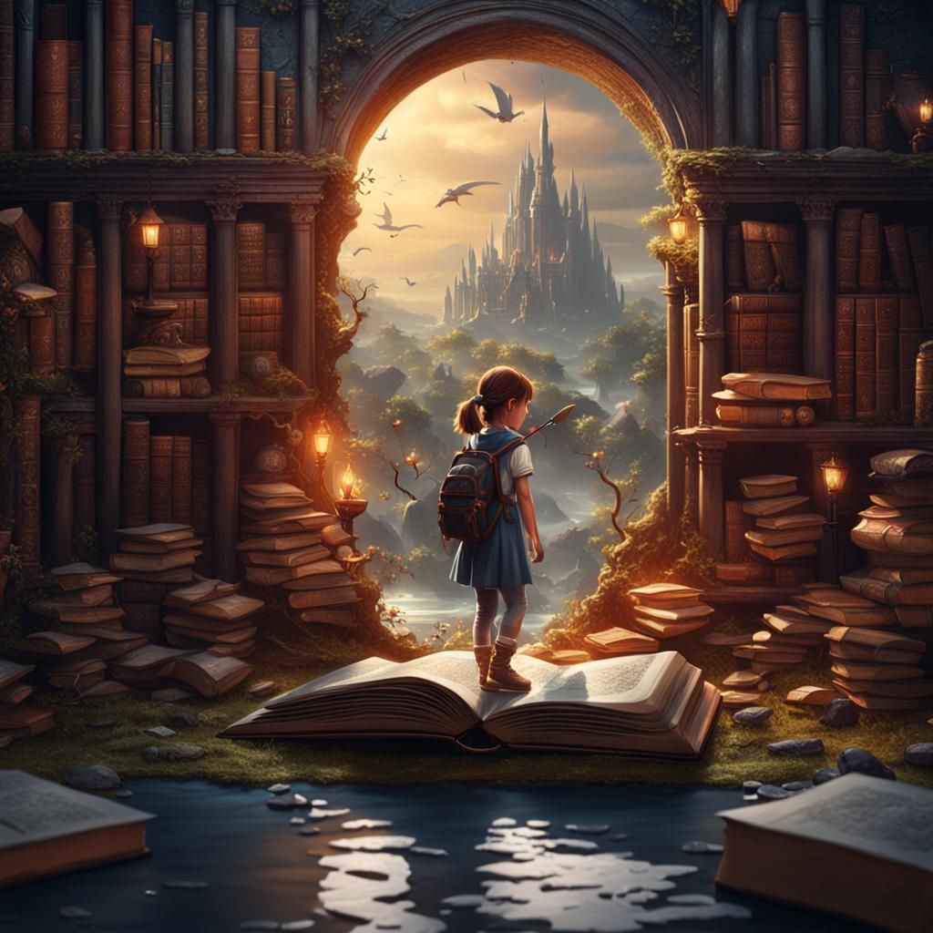Girl Playing on Book in Detailed Fantasy Art
