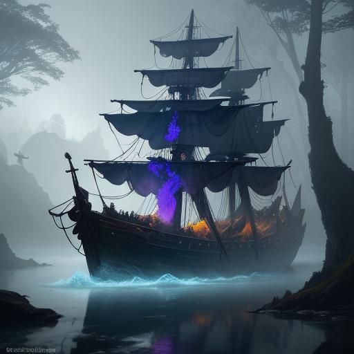 Mystical Boat Sails Through Ethereal Forest