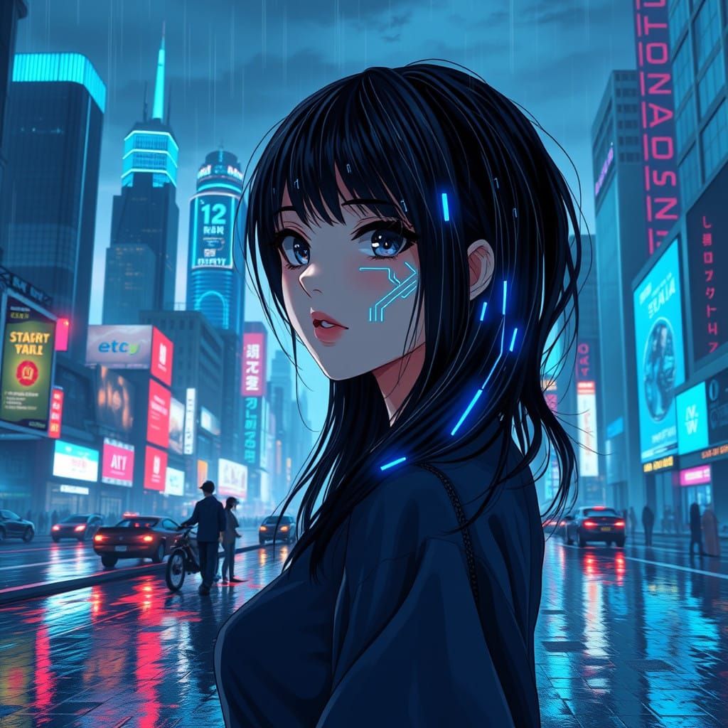 Cyberpunk Anime Goddess in Neon Rainstorm