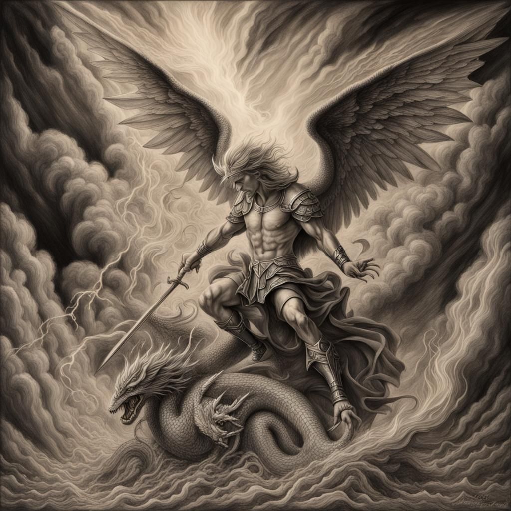 Archangel Michael Battles Dragon in Fiery Storm
