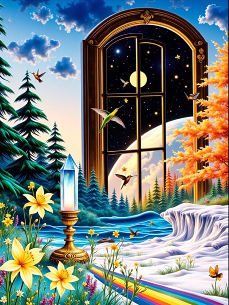 Magical Window to Space with Seasonal Landscape