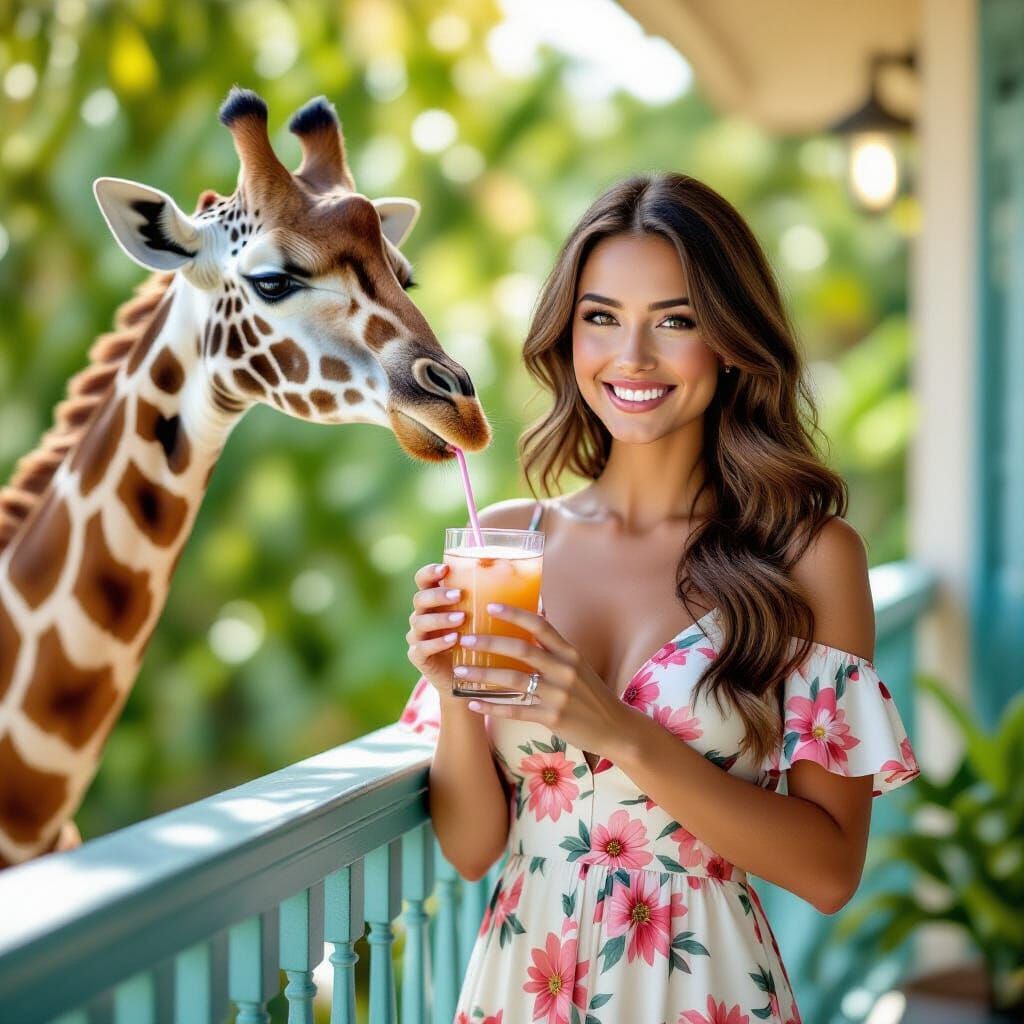 Woman Shares Drink with Giraffe on Balcony
