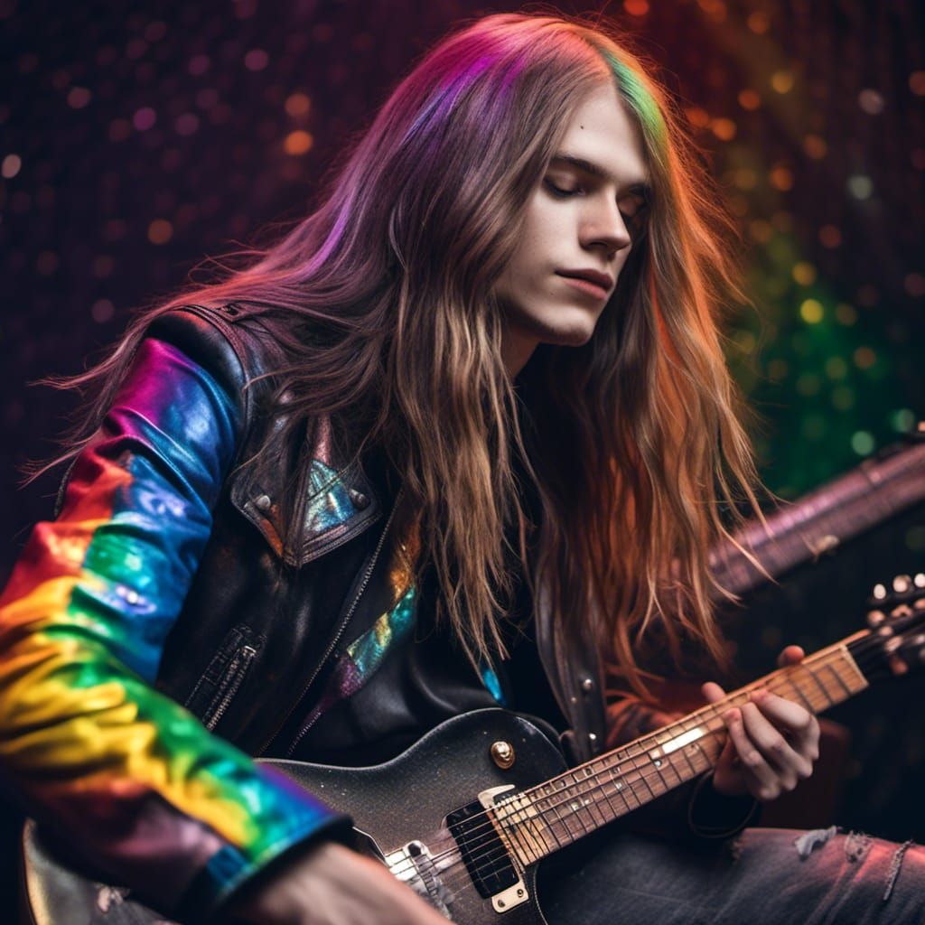 Hyperrealistic Young Man with Rainbow Hair Playing Guitar