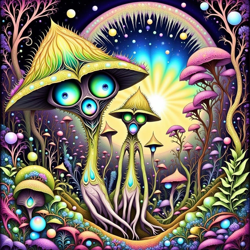 Enchanting Cyber-Goth Mushroom Goddess and Her Lanky, Glowin...