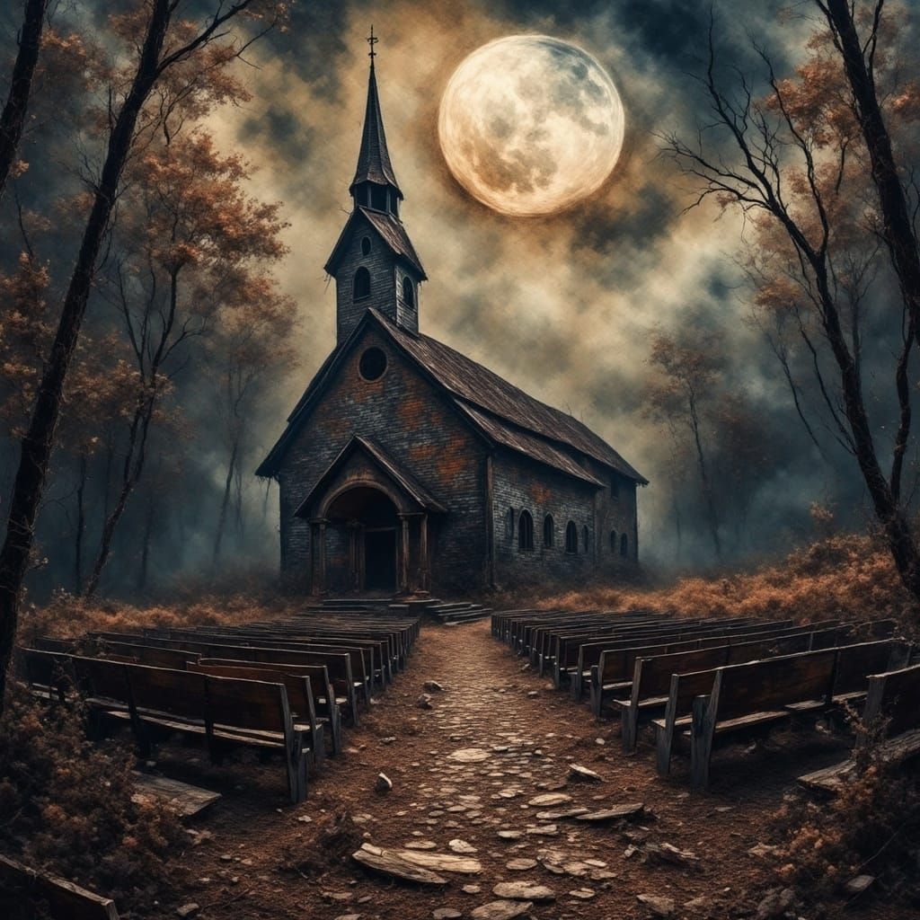 <lora:Grungy Oil Paintings:1.0> <lora:Smokey grunge:1.0> Abandoned Church, people have fled and nature is reclaiming the...