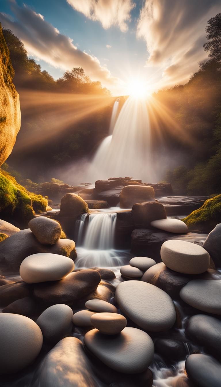 Zen Stone Sculpture at Sunset Waterfall