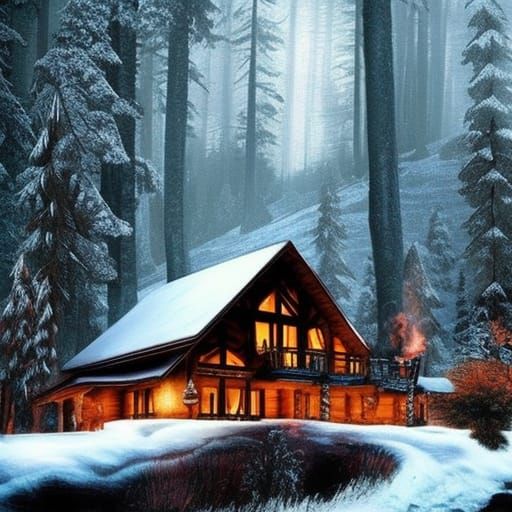 Winter Cabin in Woods with Firelight