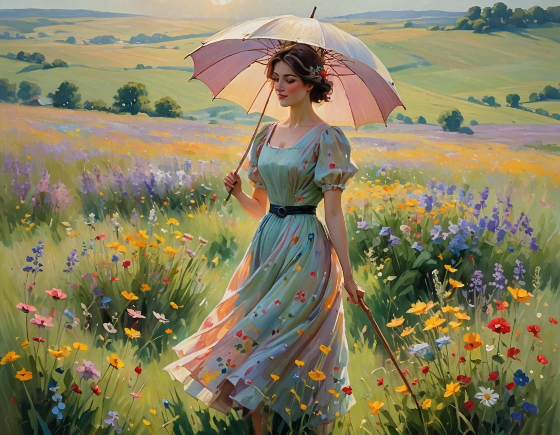 Impressionist Lady with Parasol in Wildflower Field