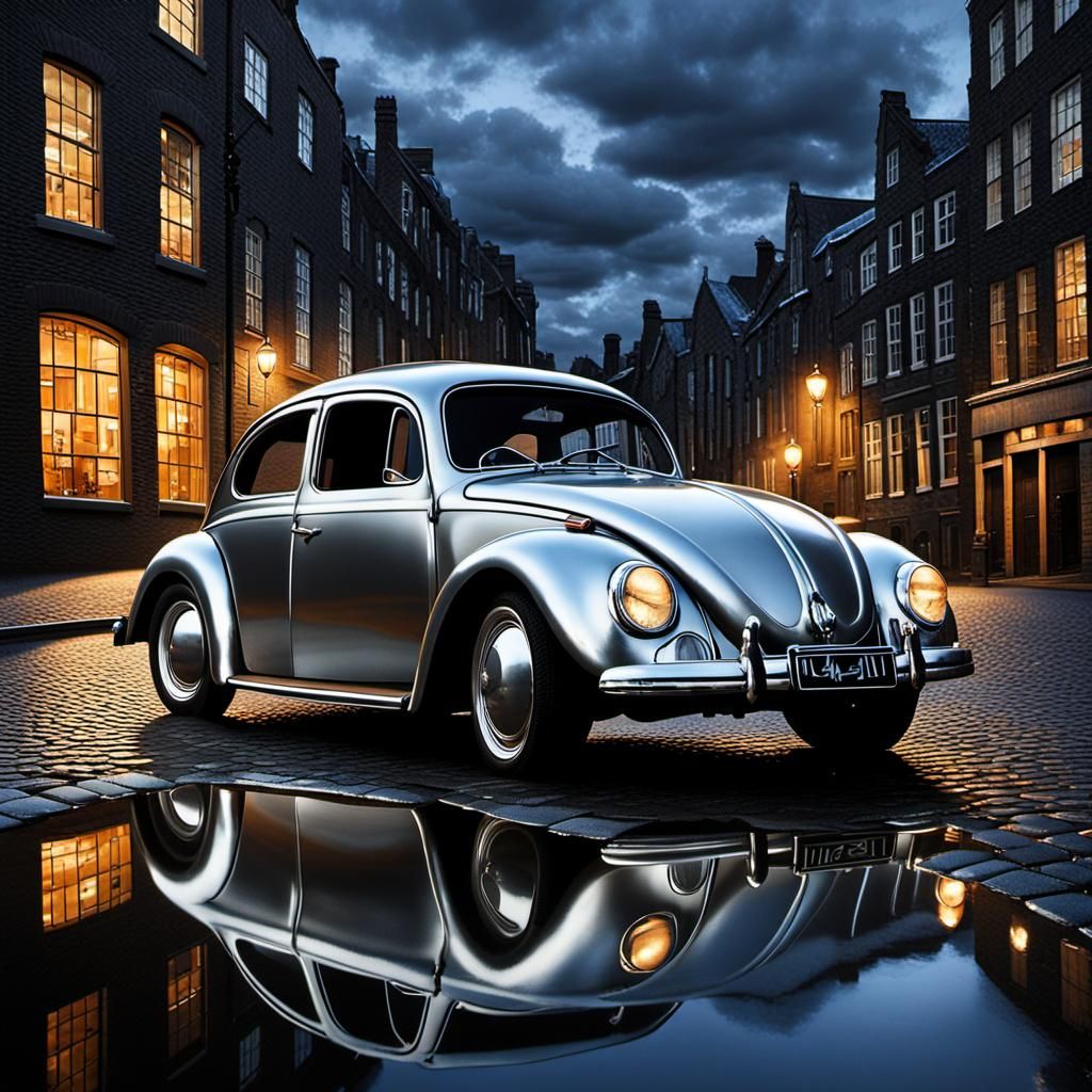 Silver VW Beetle on Cobblestone Street as Oil Painting
