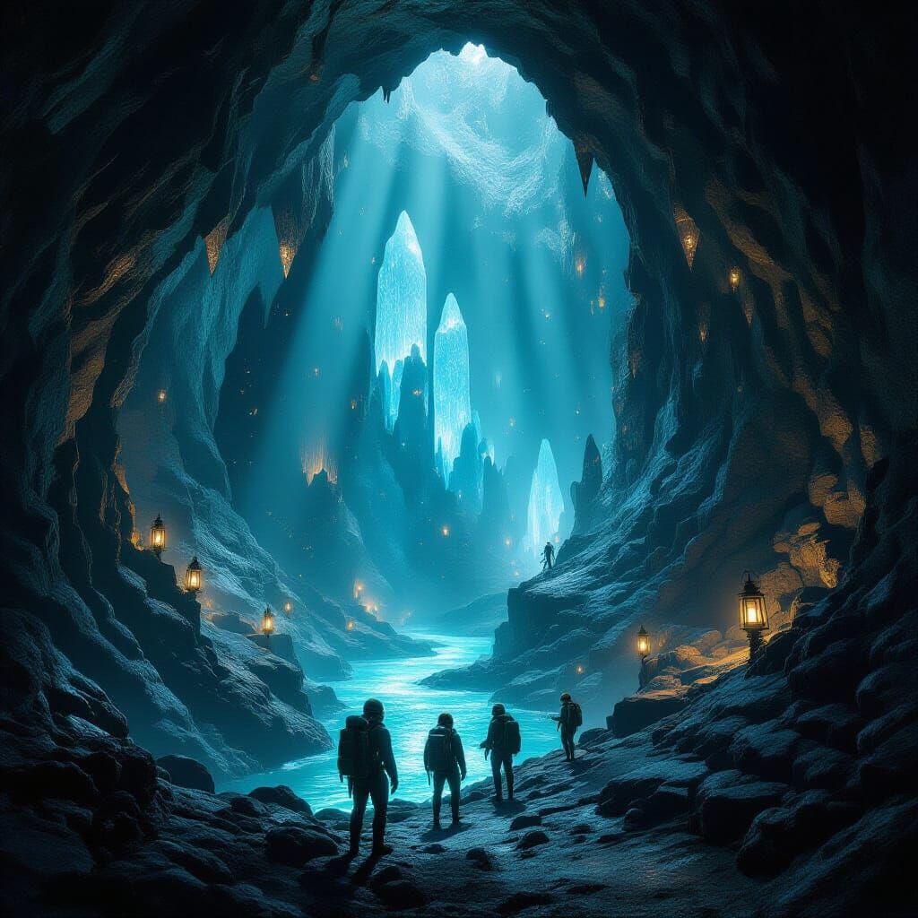 Explorers Descend into Bioluminescent Crystal Cavern
