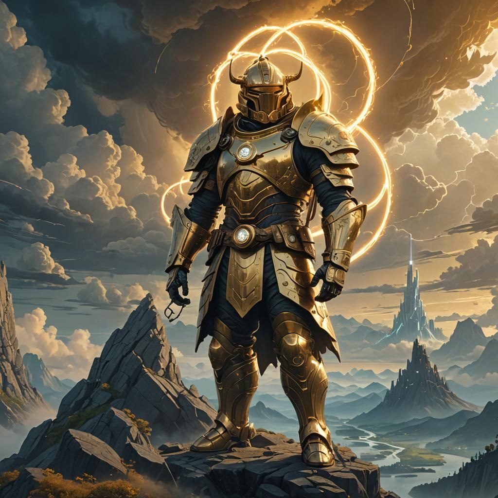 Golden Hero Overlooking Ethereal Realm in Low-Poly Art