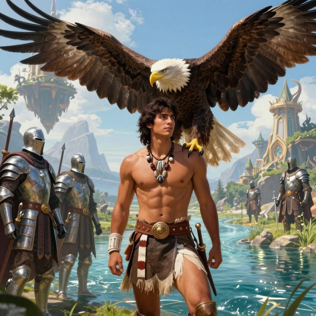 Native American Warrior in Floating Kingdom with Eagle and P...