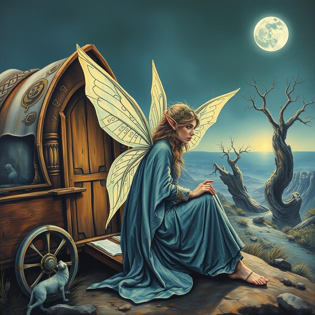 Fairy Elf Warrior Beside Art Deco Caravan