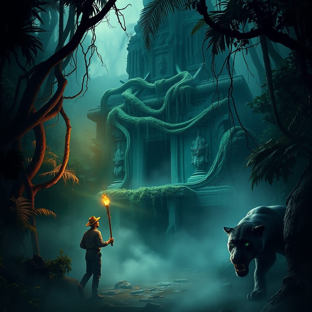 Explorer in Misty Jungle with Temple, Fantasy Art