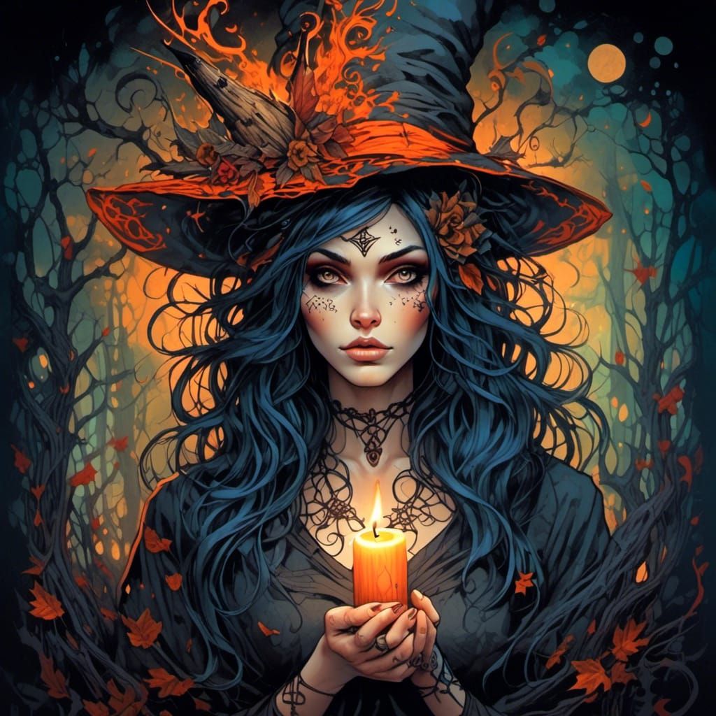 Beautiful Witch Woman in Forest with Tattoos