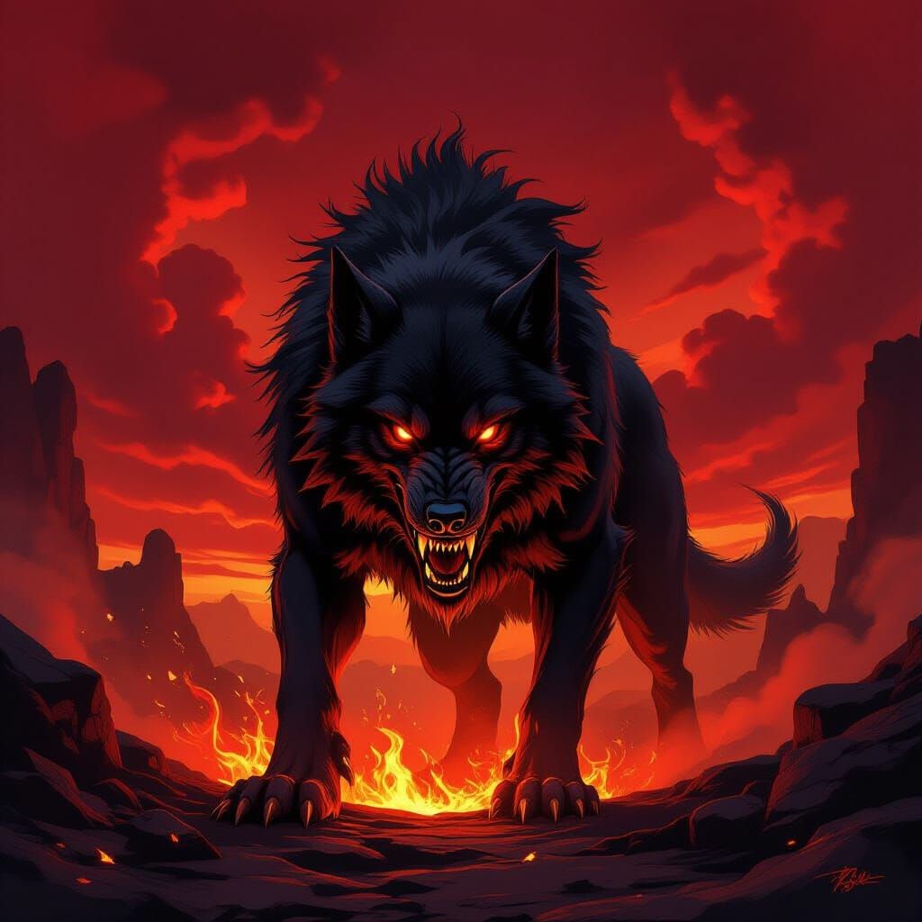 Hellhound Guarding Fiery Chasm Under Blood Red Sky