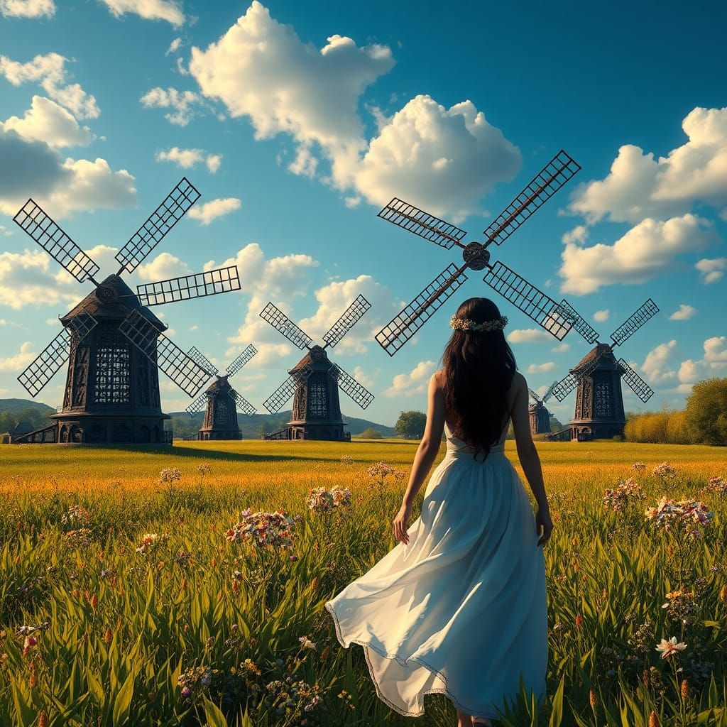 Maiden in Windmill Field: Photorealistic Matte Painting