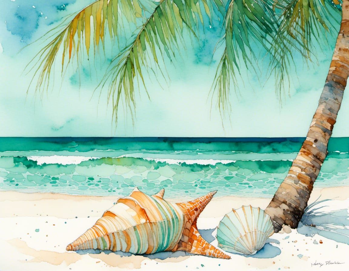 Conch and Scallop Shells on Beach in Watercolor