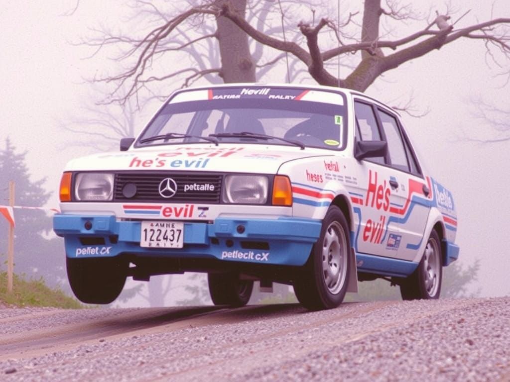 Rally car wrapped in "he's evil" artwork