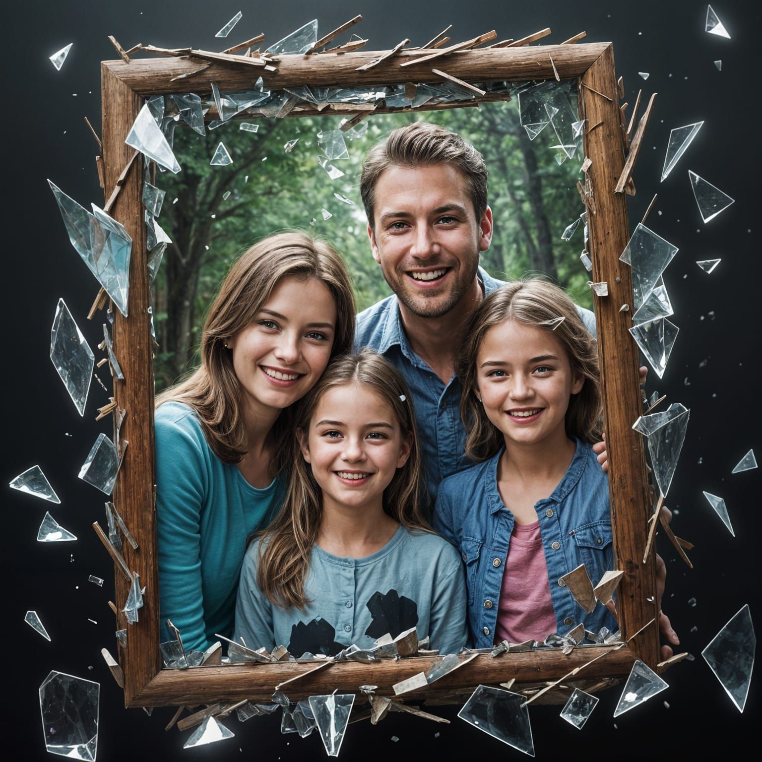 Broken Frame Reveals Smiling Family: Digital Art