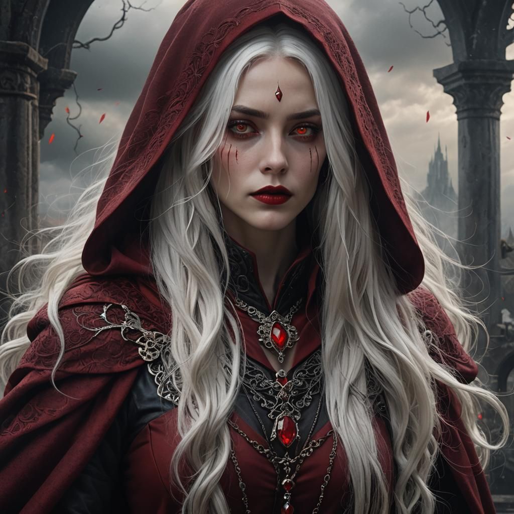 Red-Dressed Woman with White Hair and Red Eyes