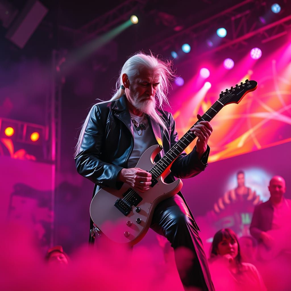 Futuristic Old Rocker Shreds on Stage in Cyberpunk Style